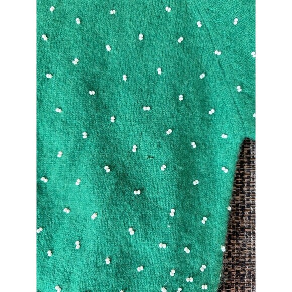 DOREEN LOK Vintage 60s Green Wool White Beads 3/4 Sleeves Cardigan Sweater 36/4 - Picture 11 of 13